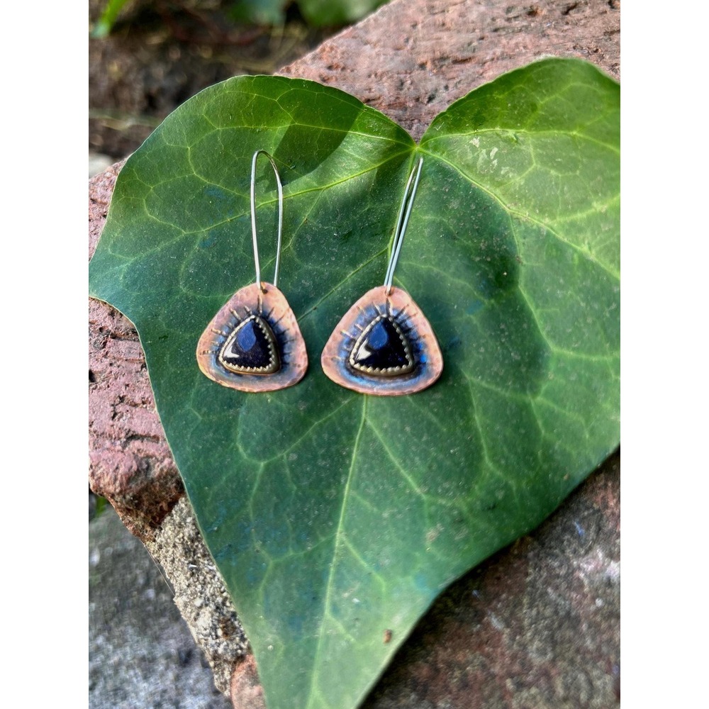 Handmade Tumbled Blue Sunstone Earrings | Copper & Sterling Silver Dangles